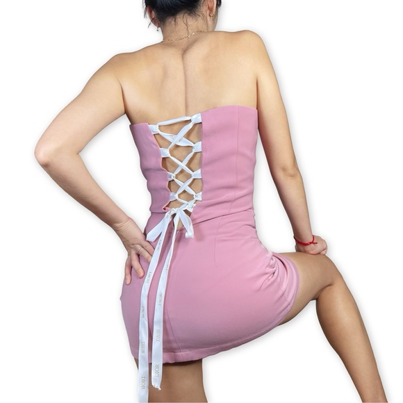 Upcycled Strapless Pink Muave Mini Dress with Dior Ribbon Lace-up Size XS - Picture 2 of 16